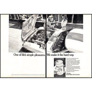 1972 Olympia Beer 2 Page Vintage Print Ad Car Mechanic Garage Drawing Wall Art